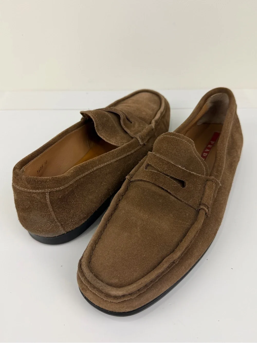 Prada Suede Penny Loafers Brown Size 10 (Fits US 11) Made in Italy